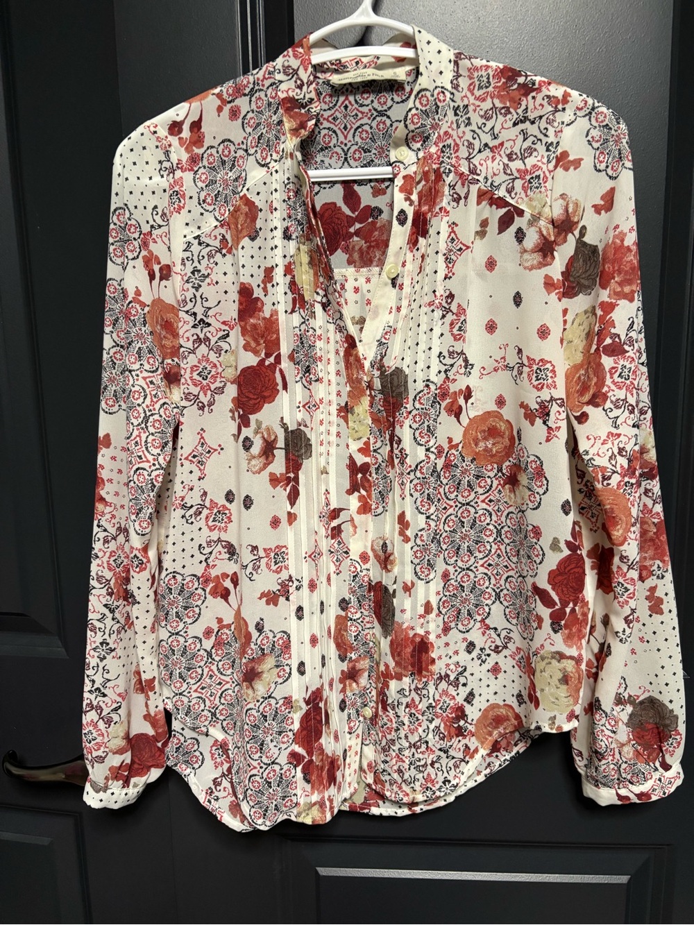Abercrombie & Fitch Cream Floral Pintuck Blouse with Rust Accents